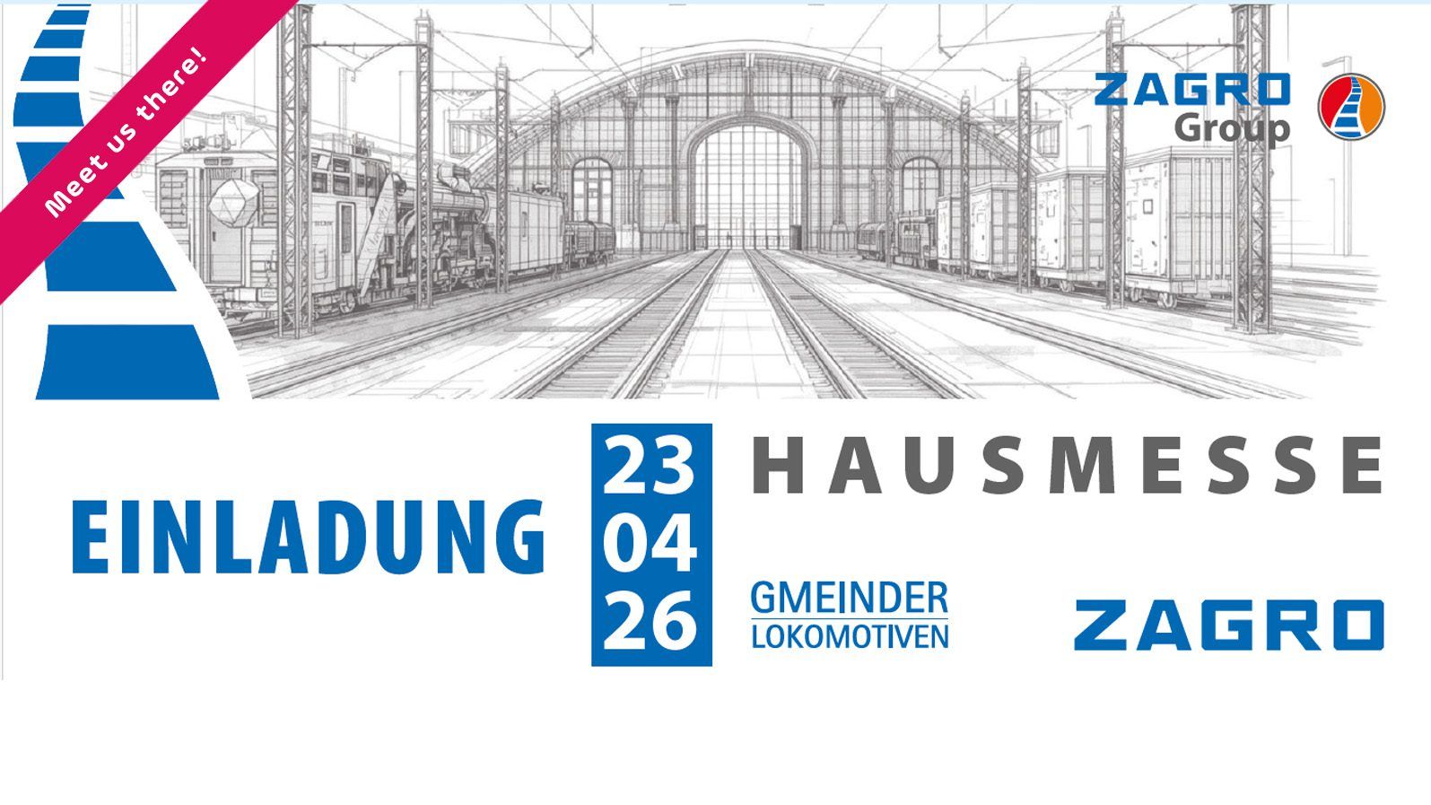 Invitation to ZAGRO Hausmesse 2026 featuring rail depot illustration and Gmeinder locomotives, highlighting railway engineering solutions.