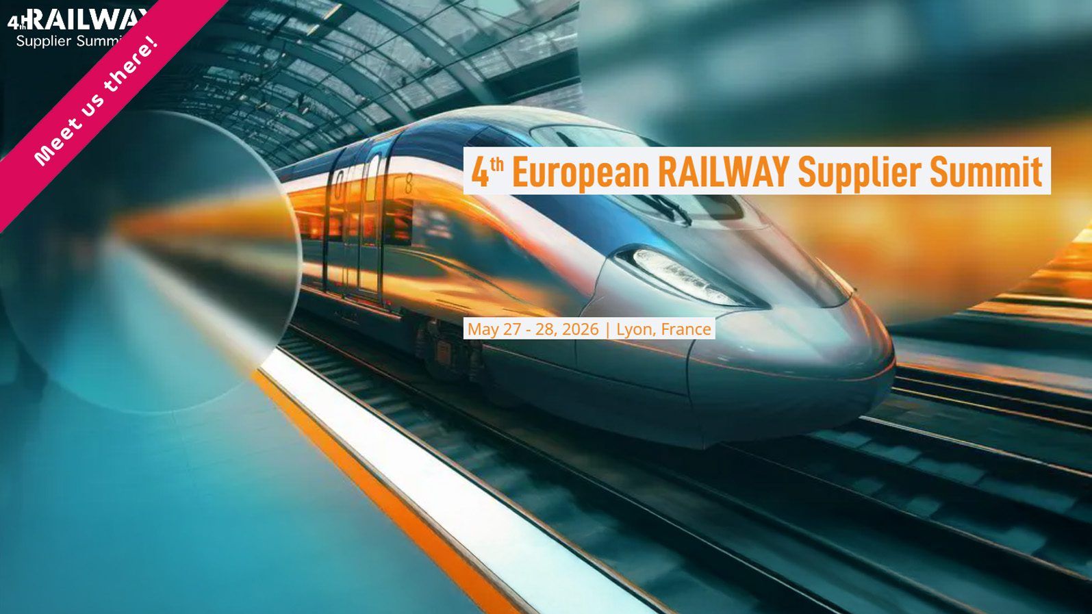European Railway Supplier Summit 2026 promotional banner featuring a high-speed train in Lyon, France, highlighting PROSE’s presence at the railway industry event on May 27–28, 2026.
